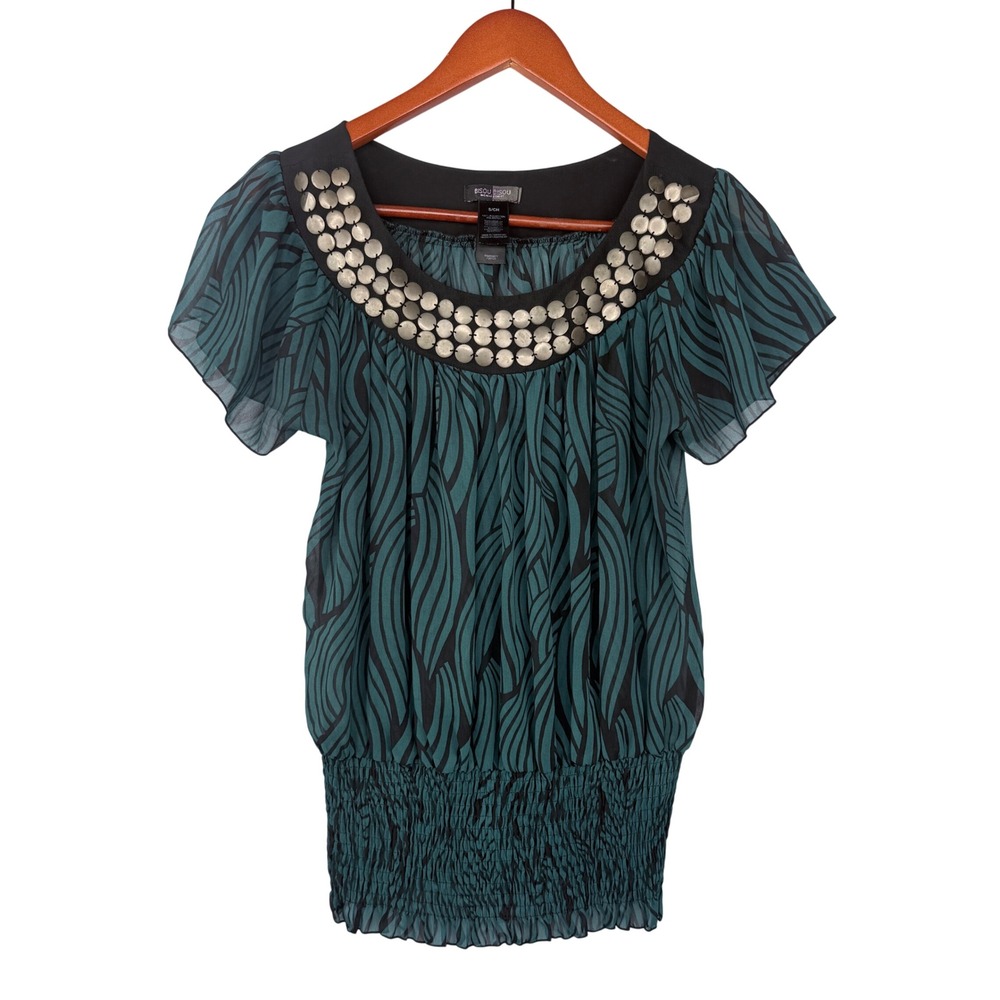 Bisou Bisou Blouse Womens Small Green Black Abstract Beaded Smocked Y2K Top